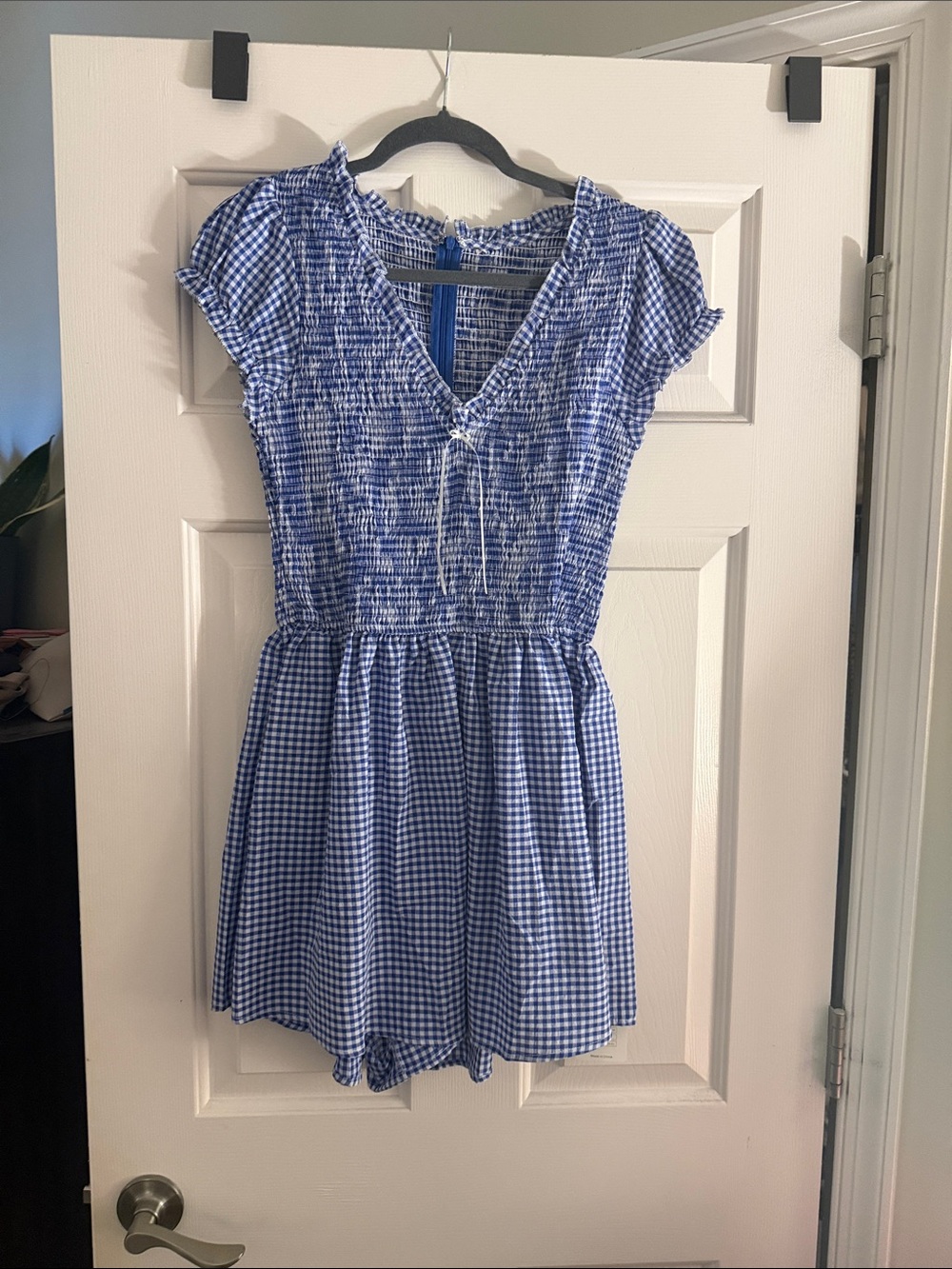 Amazon Blue and White Gingham Smocked Romper